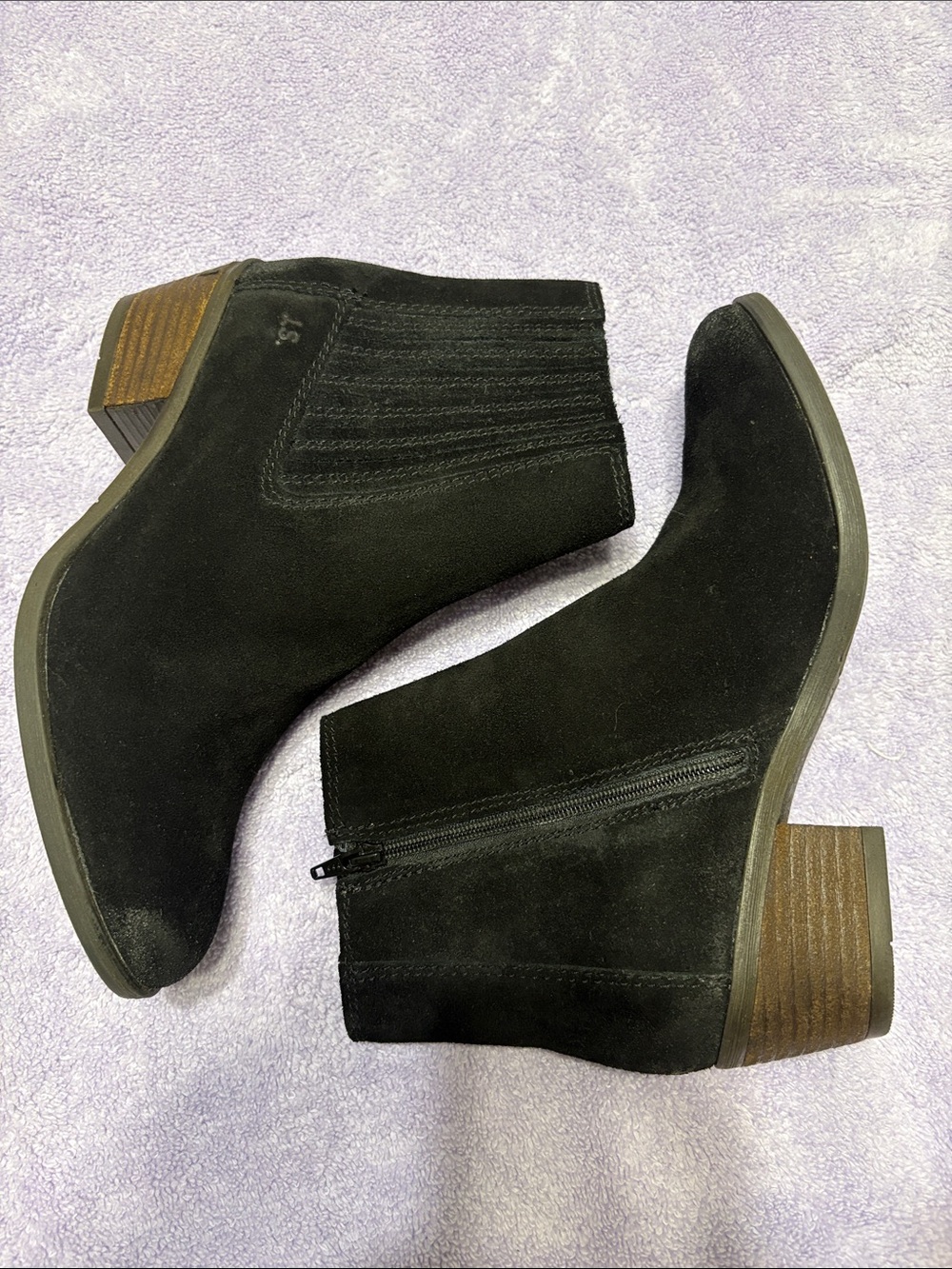 JOSEPH SEIBEL Black Suede Ankle Booties with Stacked Heel - Women’s Side Zip